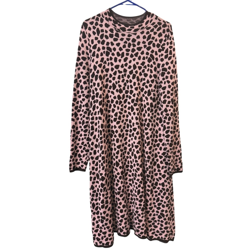 Ann Taylor Womens L Pink Black Animal Long Sleeve Knit‎ Dress Winter Fall Cozy